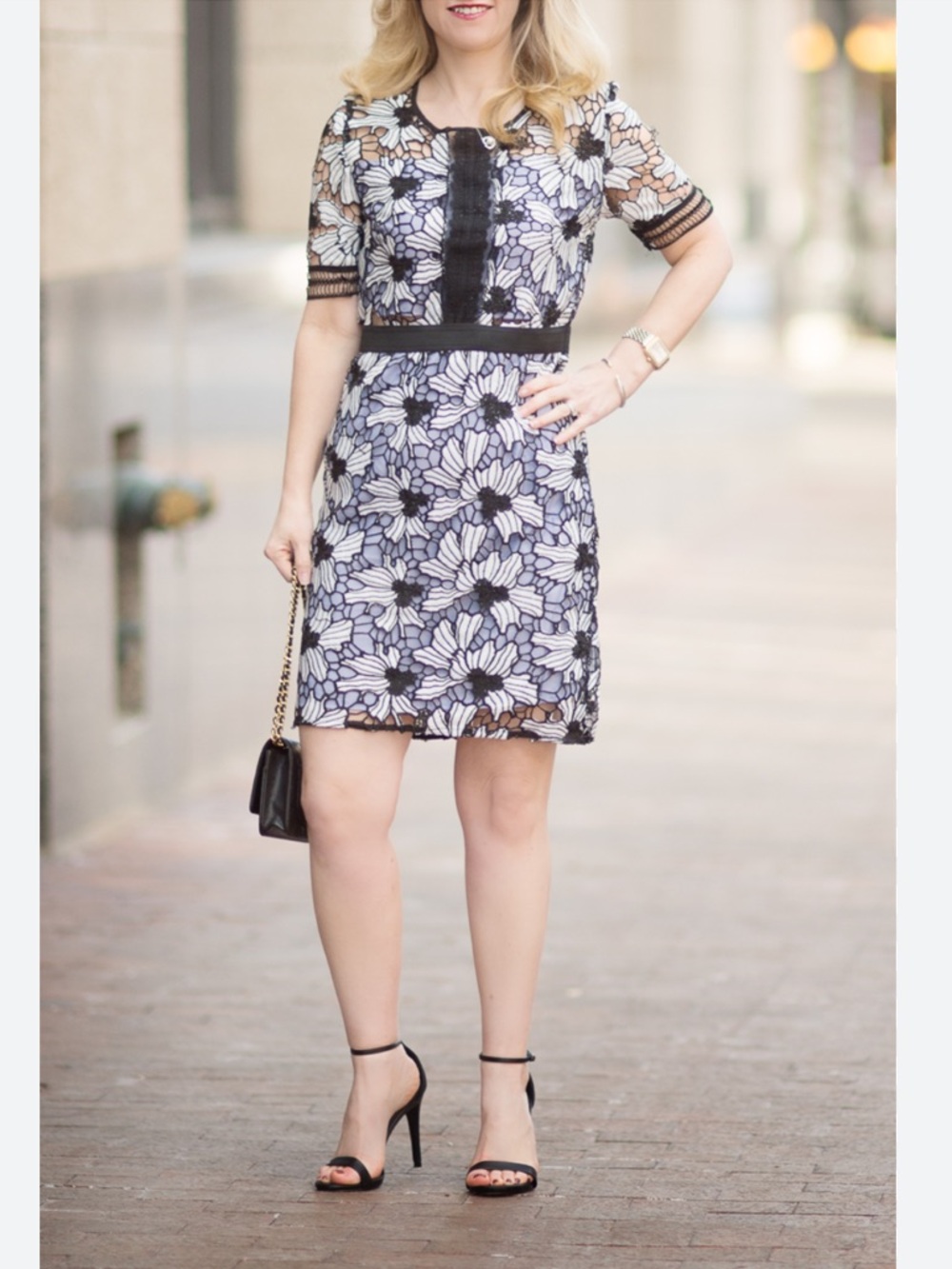 Aqua Black White and Blue Floral Crochet Lace Mini Dress